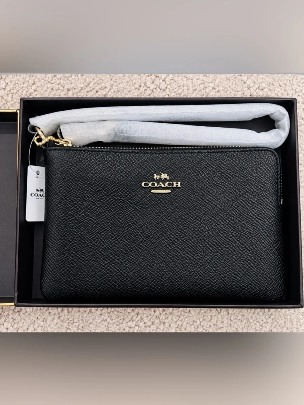 Coach Black Pebbled Leather Wristlet with Gold Logo
